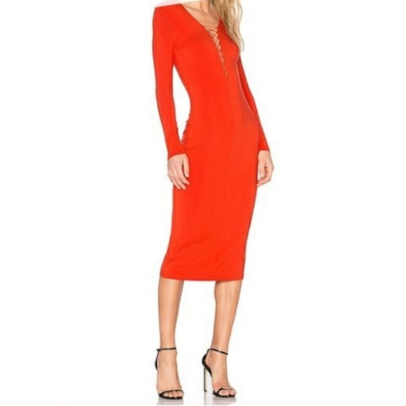 Alexander Wang Lace Up Midi Long Sleeve Dress In Scarlet - Picture 2 of 4